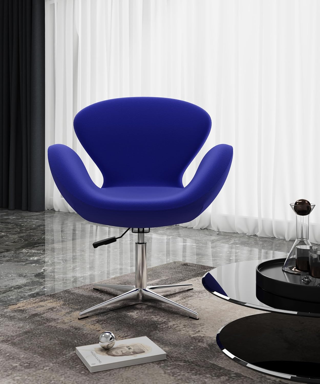 Manhattan Comfort Raspberry Adjustable Swivel Accent Chair with 360° Turn, Polished Chrome Base, Modern Retro Design, Versatile Seat Ideal for Any Room, Set of 1, Blue