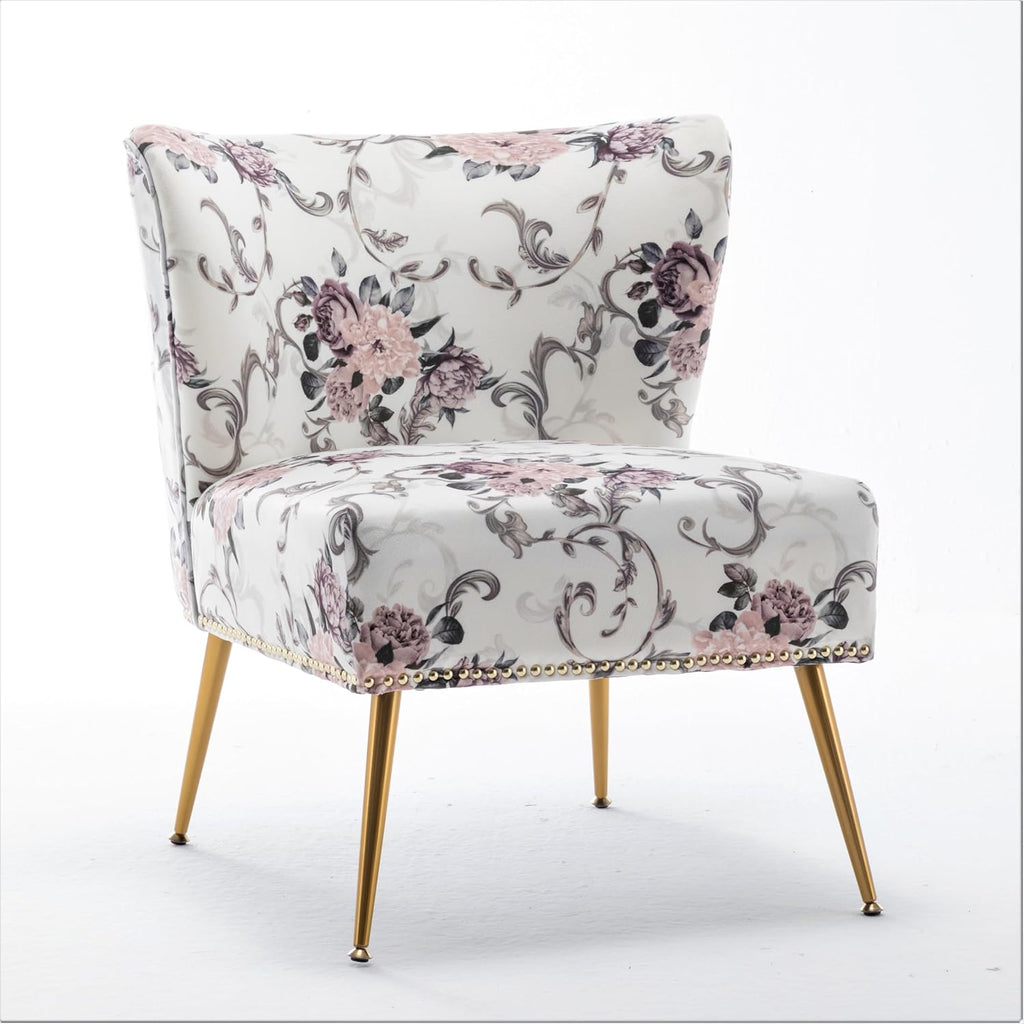 Container Furniture Direct Thia Armless Accent Chair for Living Room, Elegant Seat with Nailhead Trim, Gold Metal Legs and Comfortable Curved Back, 28' D x 25' W x 29.5' H, 02 Floral Print