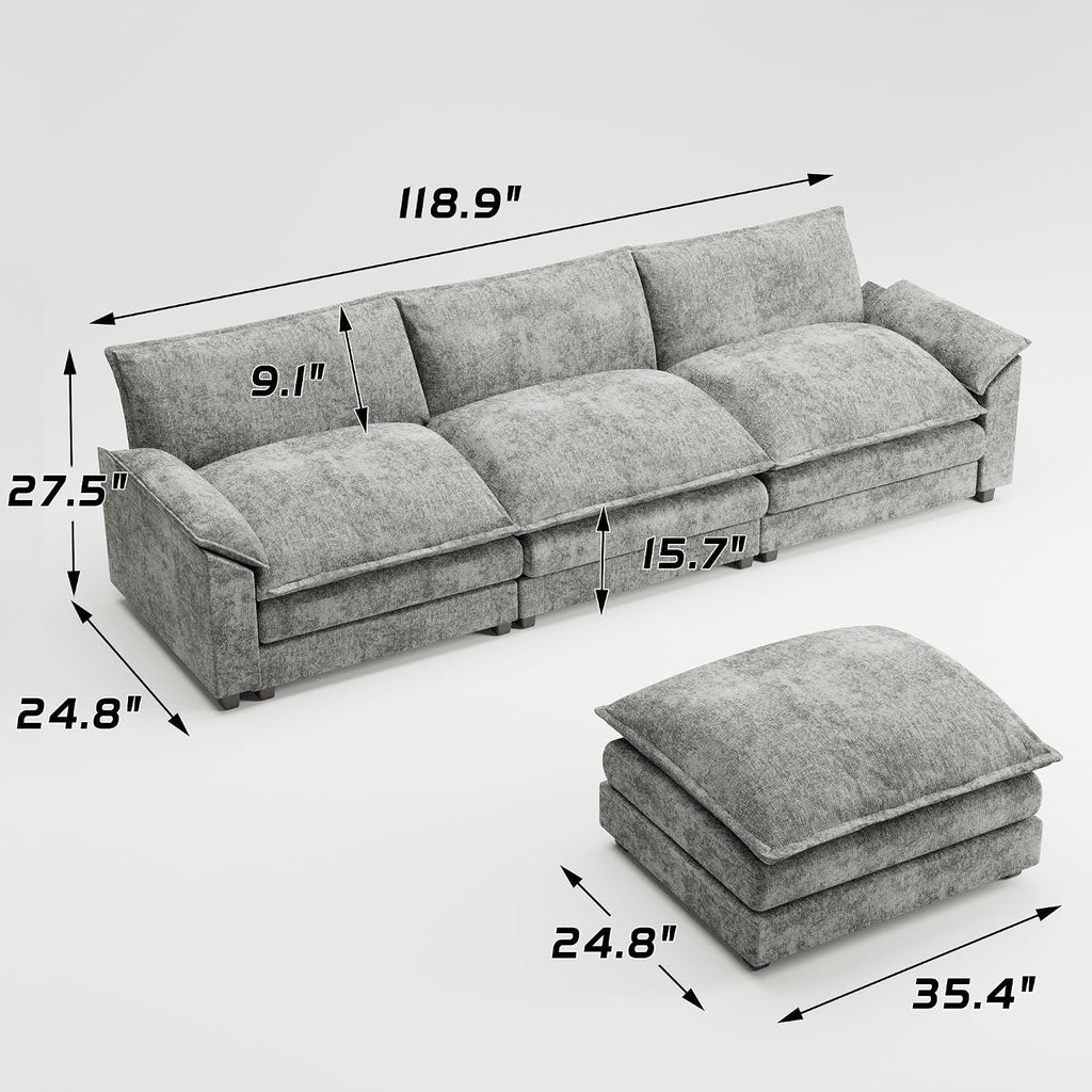 Shahoo Sectional Modular Sofa L Shaped Chenille Fabric Couch with High Supportive & Soft Sponges and Removable Ottoman, Sleeper Comfy Upholstered Furniture for Living Room, Grey