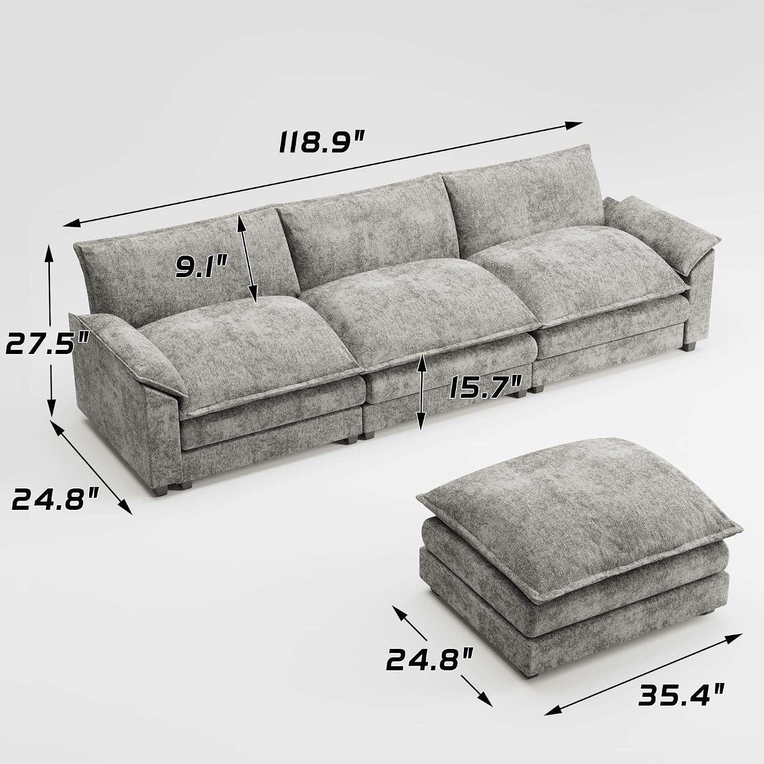Shahoo Sectional Modular Sofa L Shaped Chenille Fabric Couch with High Supportive & Soft Sponges and Removable Ottoman, Sleeper Comfy Upholstered Furniture for Living Room, Grey
