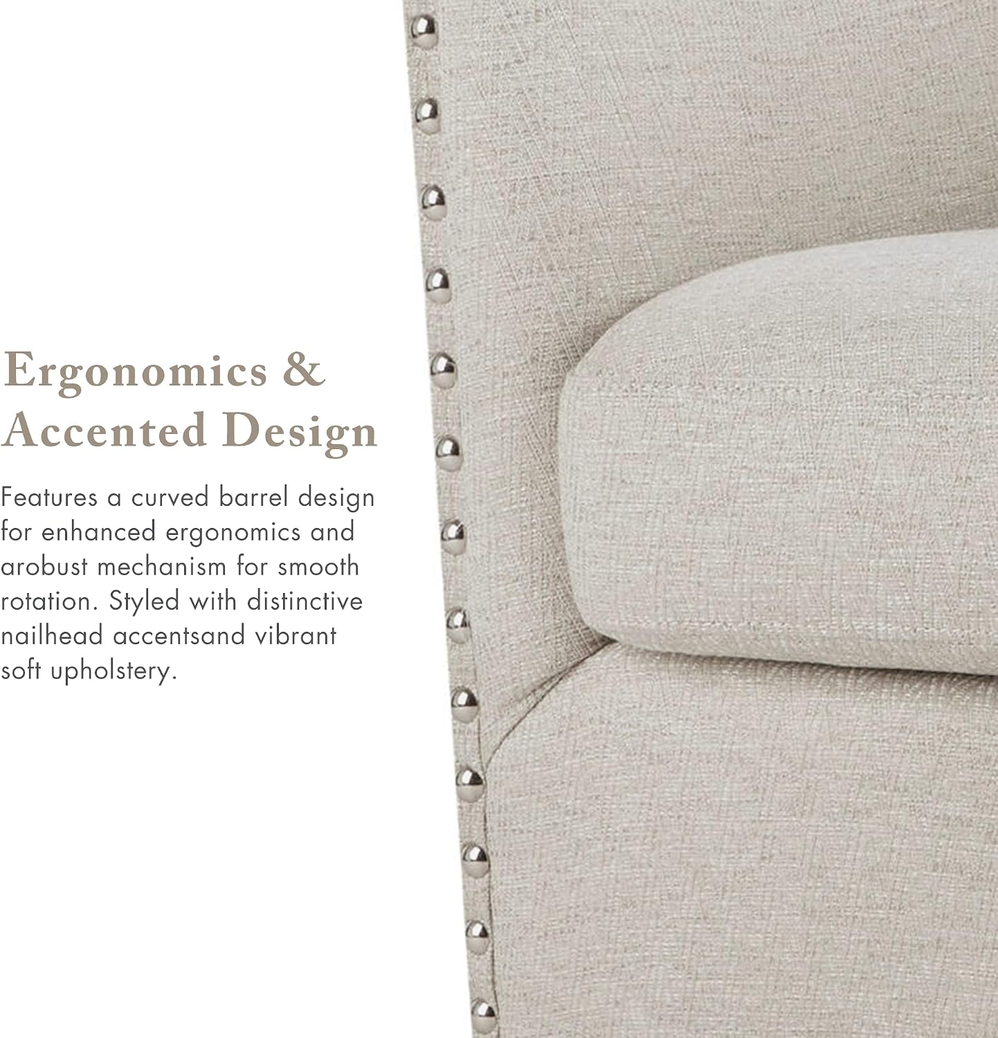 Madison Park Swivel Barrel Accent Chair, Upholstered Curved Back with 7-Inch Thick Woven Cushion, 360° Swivel, Nailhead Trim, Comfy Chair for Living Room, Bedroom, Office, 28' Wide, Neutral, Tyler