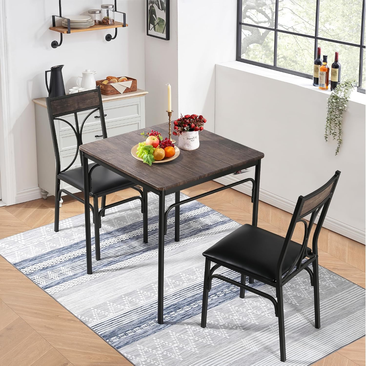 VECELO 3 Piece Dining Table Set for 2, Kitchen Table Set with 2 Chairs for Small Space, Space-Saving and Modern Design, Apartment, Easy to Assemble, Retro Brown