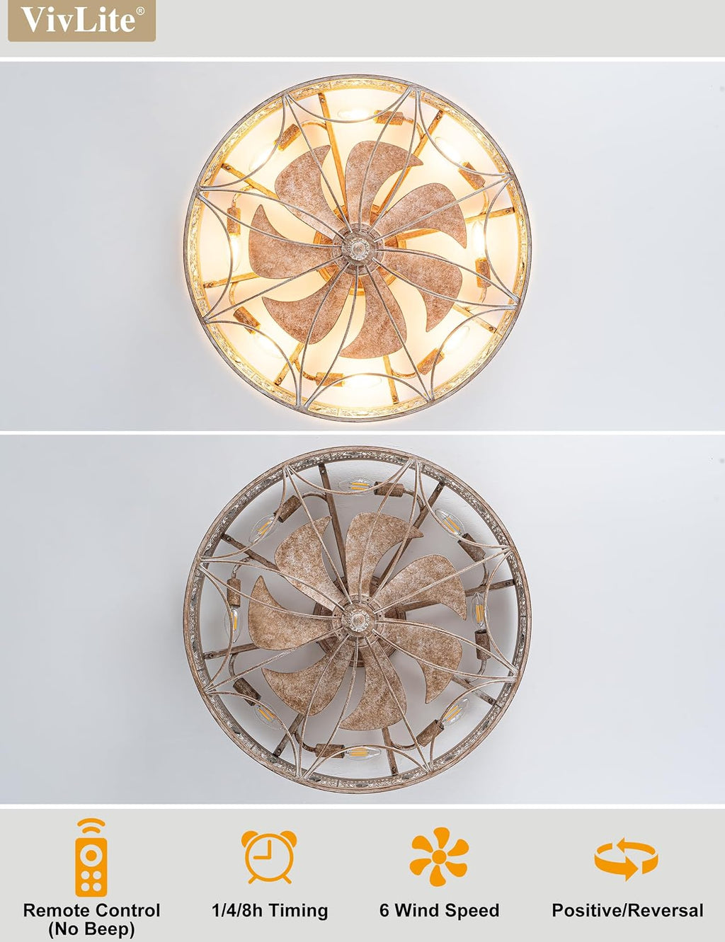 Rustic Farmhouse Caged Ceiling Fans with Lights,Vintage Fancy Antique Crystal Decorative,Bladeless Enclosed Flush Mount Low Profile Small Fandeliers for Kitchen,Bedroom