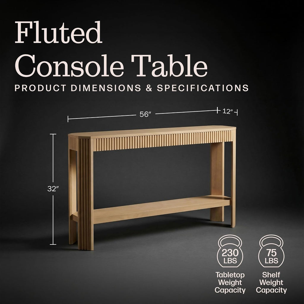 Alaterre Furniture Fluted Solid Wood Console Table - 56 Inch Modern Entryway Table with Storage Shelf - Easy Assembly Living Room Furniture for Behind the Couch, Entryway, or Hallway (Light Oak)