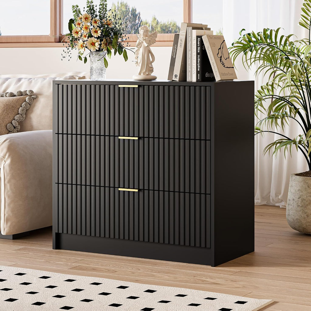 MAISONARIA Black Fluted Dresser for Bedroom, 32 Inch Wide Nightstand with Large Drawer, 3 Drawer End Table for Bedroom, Living Rooms, Offices, and Entryways