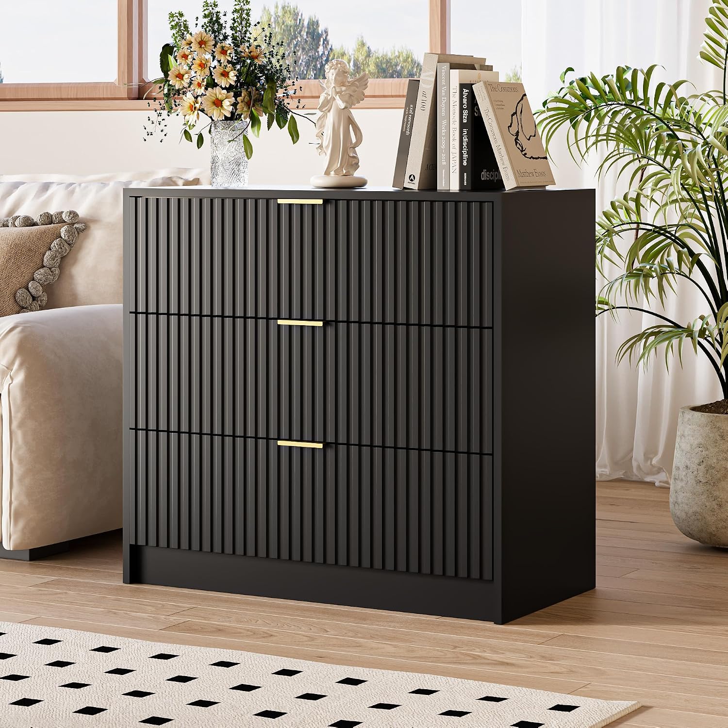 MAISONARIA Black Fluted Dresser for Bedroom, 32 Inch Wide Nightstand with Large Drawer, 3 Drawer End Table for Bedroom, Living Rooms, Offices, and Entryways