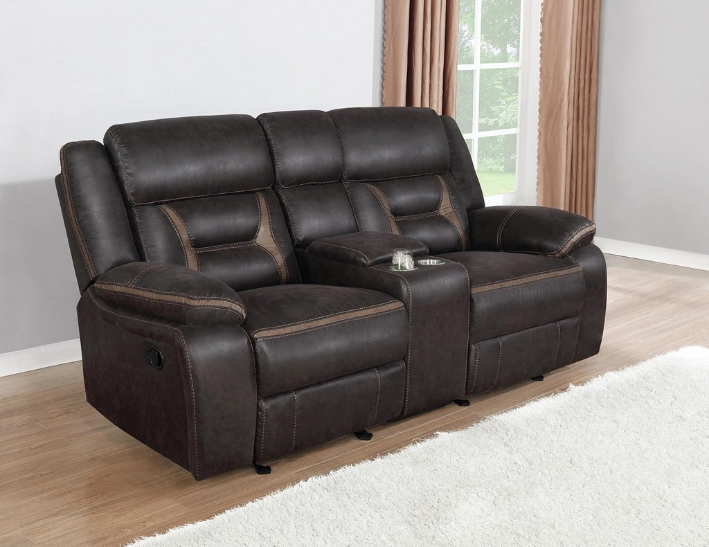 Coaster Home Furnishings - Greer - Faux Leather Upholstered Motion Reclining Loveseat with Console, Lift-Top Container, and Built-in Cupholders - Living Room & Home Theater - Brown - 651355