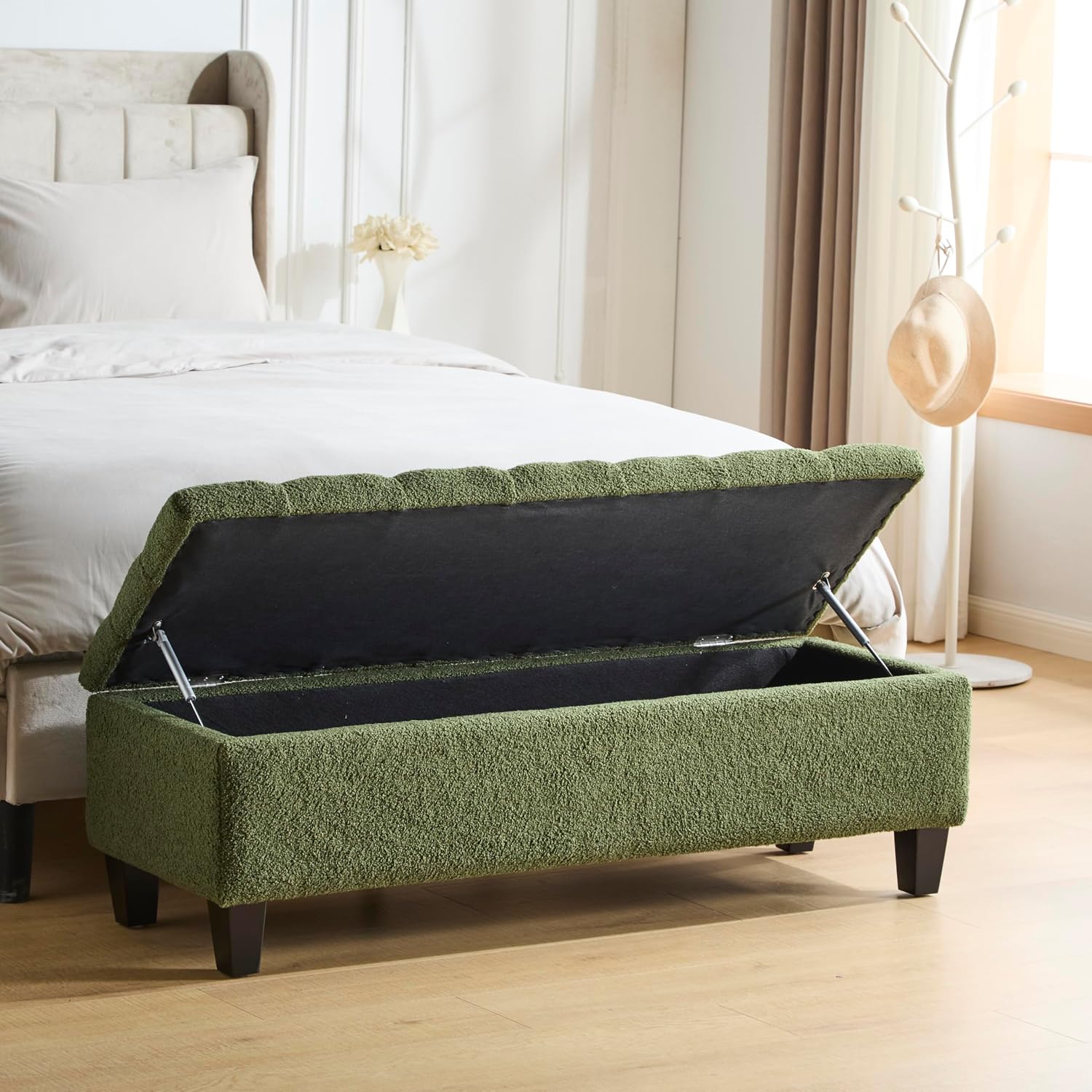Christopher Knight Home Ottilie Boucle Fabric Storage Ottoman Bench, Wooden Rectangular Ottoman with Storage, Bedroom End of Bed Foot Stool, Entryway Ottoman Footrest, Living Room Extra Seat, Green