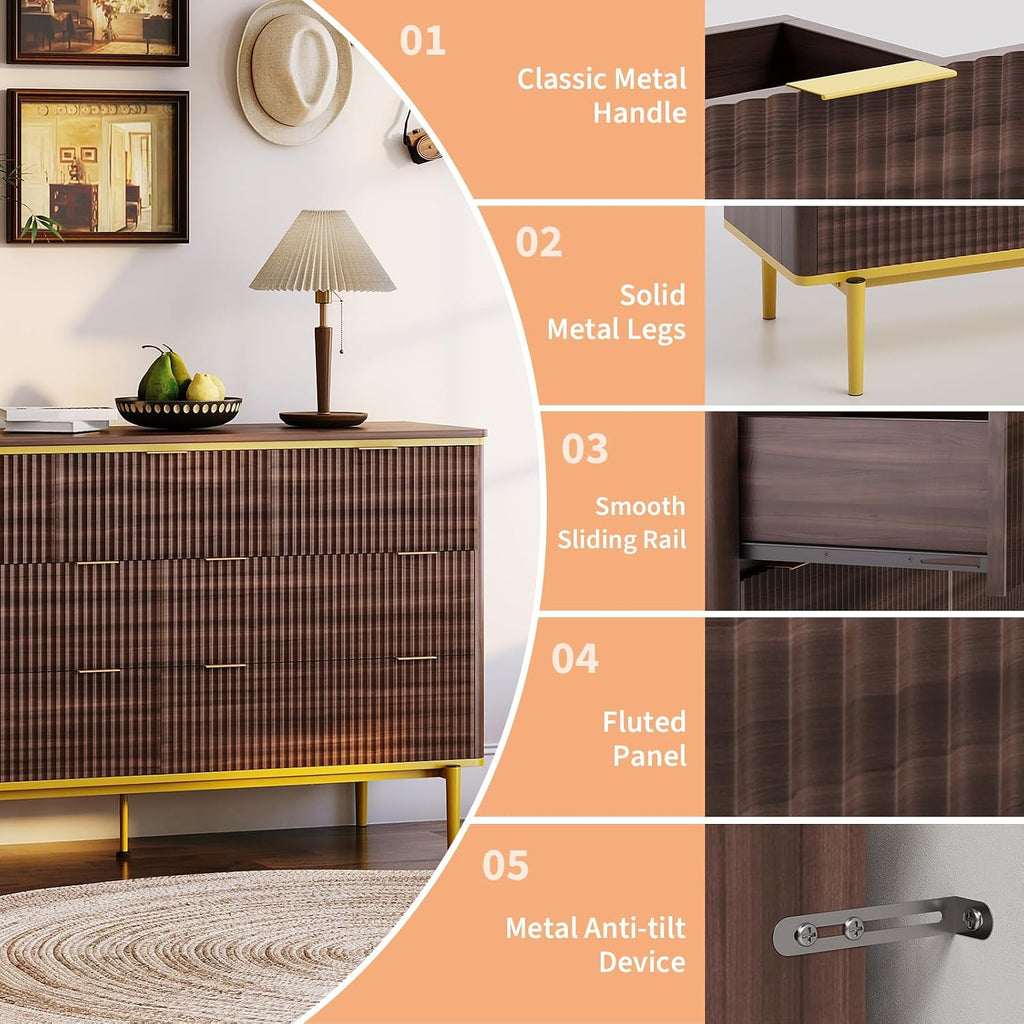 Garvee LED Dresser with Charging Station - Modern 5-Drawer 47' Wide Wooden Chest, Storage Organizer for Bedroom, Nursery, Hallway & Apartments