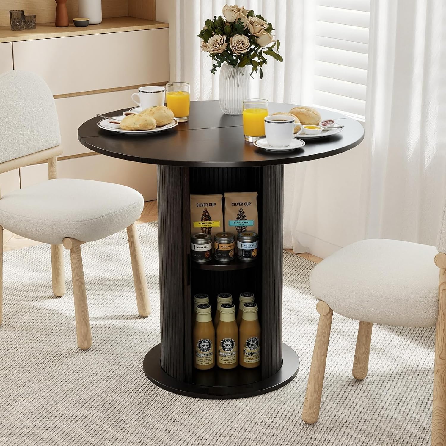 31.5 Inch Round Dining Table with Hidden Storage, Modern Fluted Pedestal Kitchen Table for Small Spaces, Circular Breakfast Nook Table with 2-Layer Shelves for Apartment Studio, Black