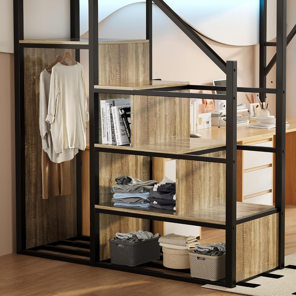 Full Size Metal Loft Bed with Storage Stairs, Wardrobe & Charging Station | Storage Shelve,Convertible Staircase,LED Lights, Solid Wood Stairs, Safety Guardrail, Noise-Free, No Box Spring Needed