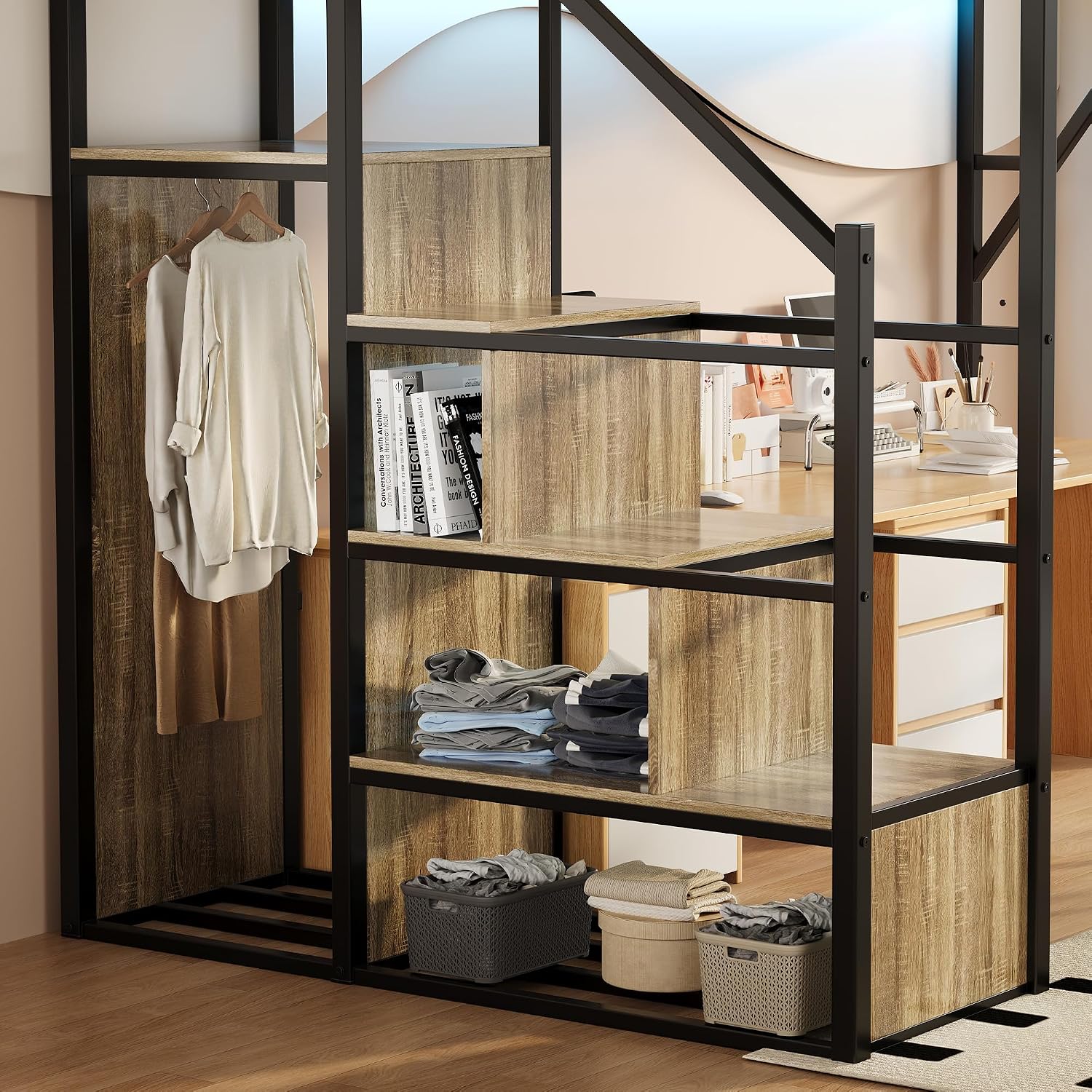 Full Size Metal Loft Bed with Storage Stairs, Wardrobe & Charging Station | Storage Shelve,Convertible Staircase,LED Lights, Solid Wood Stairs, Safety Guardrail, Noise-Free, No Box Spring Needed