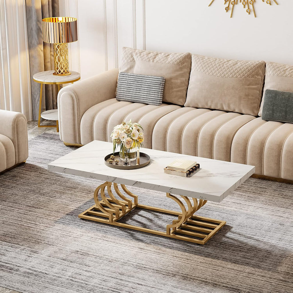 LITTLE TREE 47 Inch Modern Coffee Table, Faux Marble Cocktail Table Center Table Tea Table Accent Furniture for Living Room, White/Gold