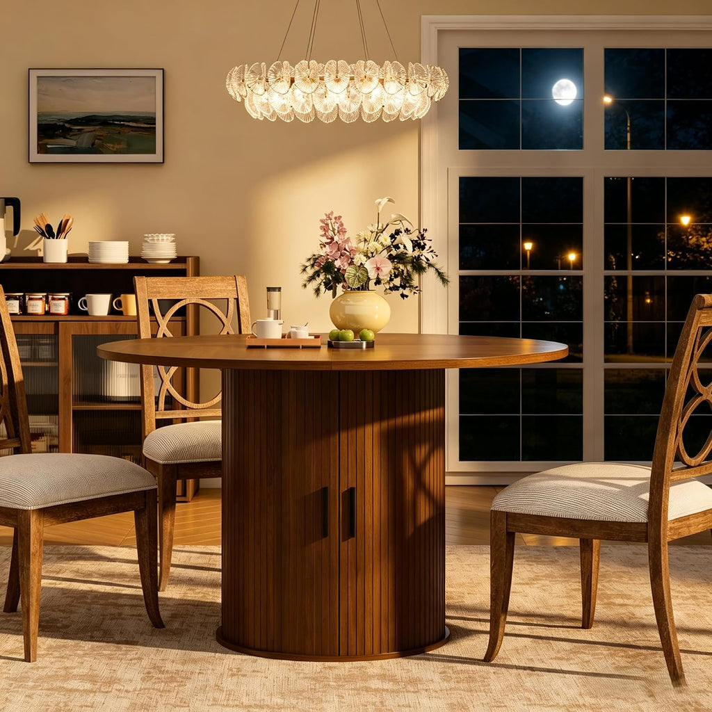 Garvee 47 Inch Round Dining Table for 4, Kitchen Table Dinner Table with 2-Layer Storage Shelf and Wood Slide Door for Home Dining Room Living Room