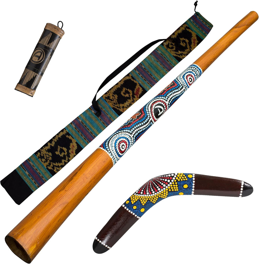 AT ''Dreamtime'' package: wooden didgeridoo 130cm - bag - wooden boomerang 40cm - rainstick/shaker 20cm