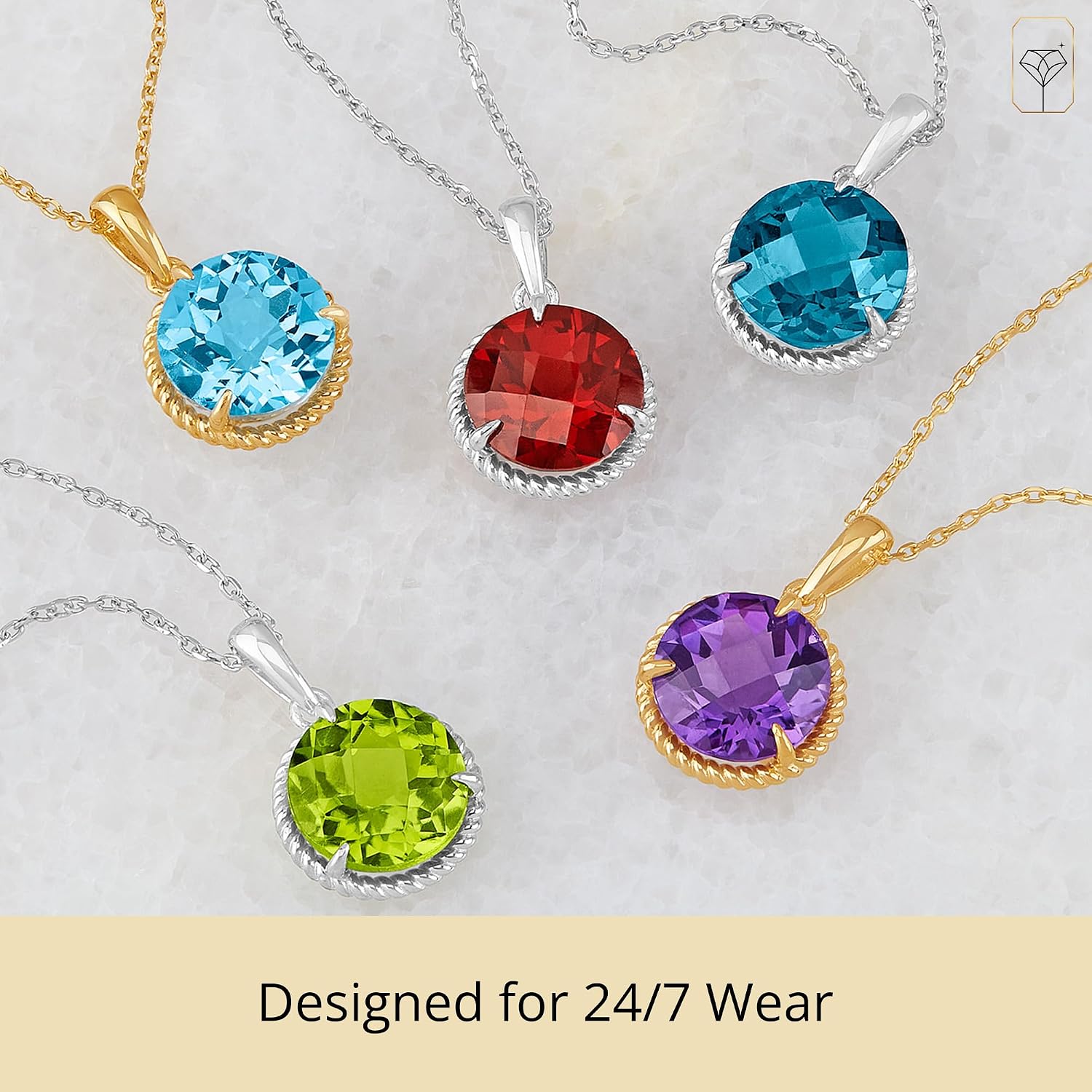 MAX + STONE 14k Yellow Gold Roped Halo Gemstone Round Pendant Necklace for Women 8mm Solitaire Birthstone with 18 Inch Cable Chain