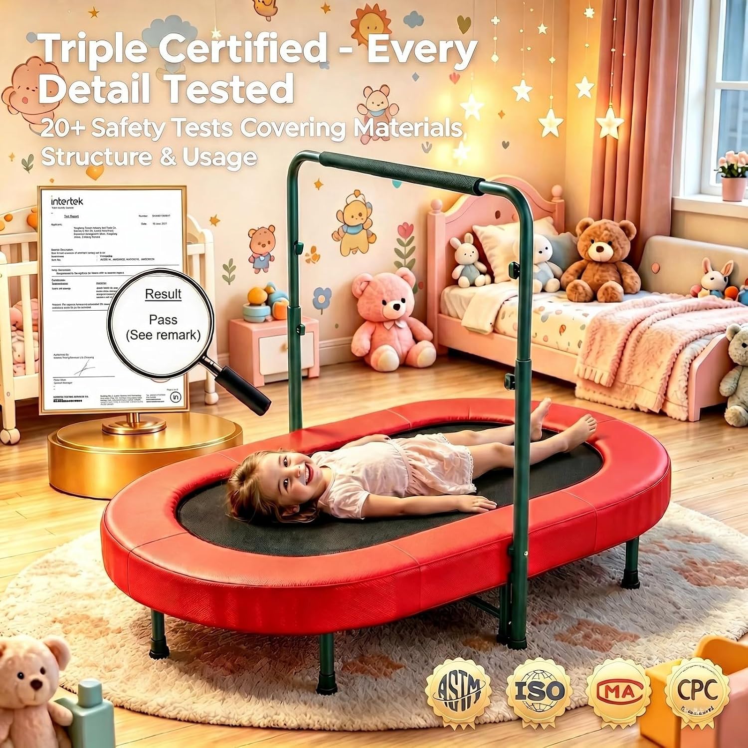 Trampoline for Kids, Toddler Trampoline Indoor Sports and Outdoor Games 56' Kids Rebounder 220LBS Capacity with Adjustable Safety Handrail Foldable Jumper for Boy Girls ASTM Certified