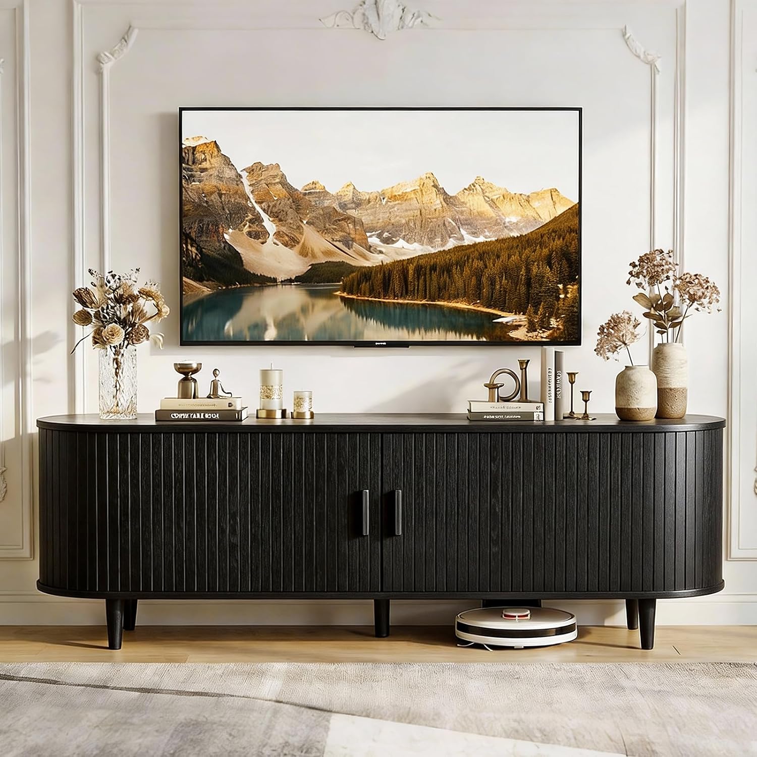 MXV 65' Mid-Century Modern TV Stand with Sliding Doors, TV Consoles with Power Outlet, Fluted Entertainment Center with Adjustable Shelves, for Living Room