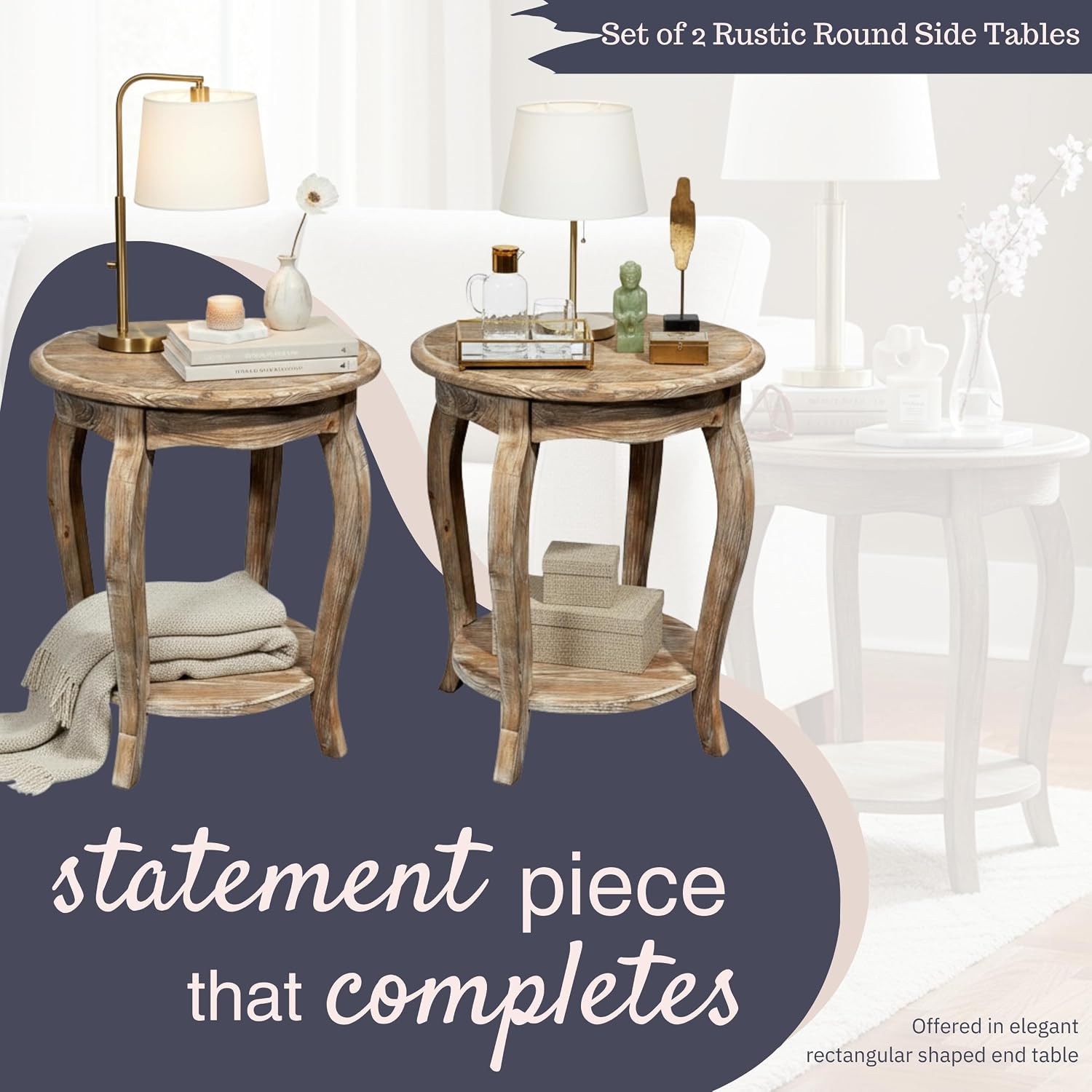 Alaterre Furniture Austerity Living Room Tables – 20-Inch Round Cedar Wood End Table with Curved Legs, Scalloped Edges and Lower Shelf – Rustic Antique Style Accent Table (Driftwood Finish, Set of 2)