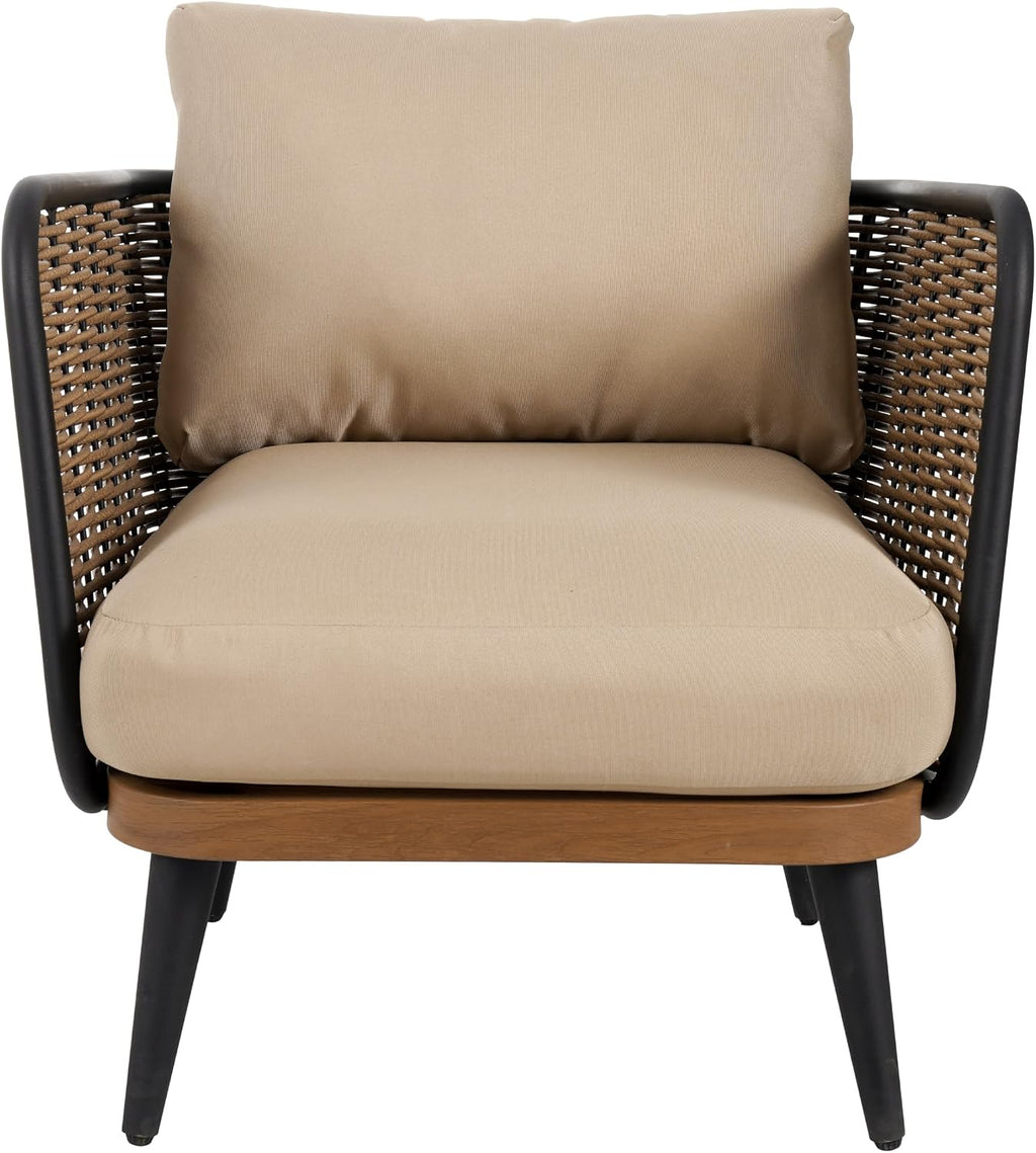 Christopher Knight Home Xayah Patio Wicker Accent Chair Set of 2, Outdoor Lounge Chair with Water-Resistant Cushion, Woven Faux Rattan Backrest & Armrest, Sturdy Metal Frame Armchair, Brown + Khaki