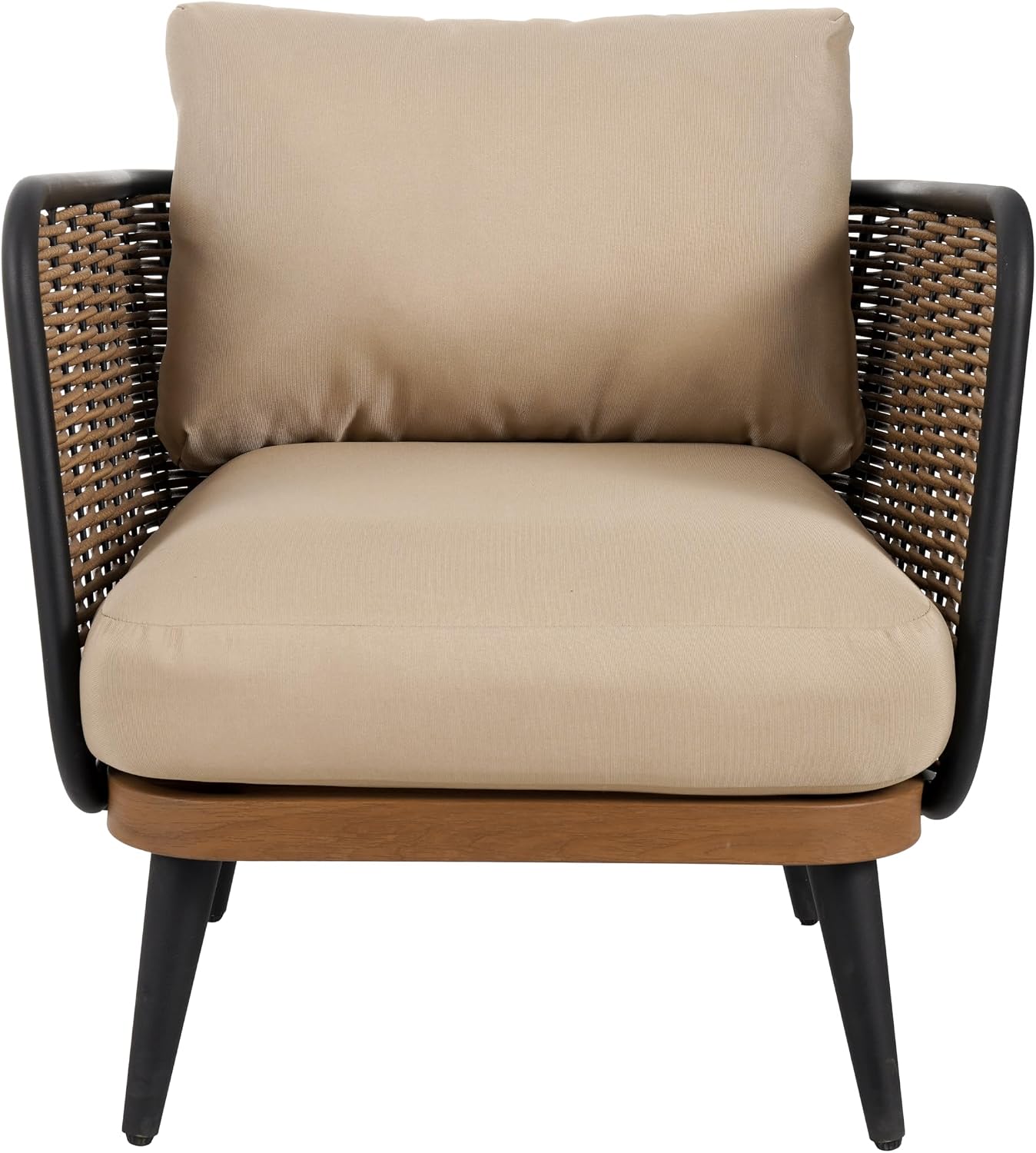 Christopher Knight Home Xayah Patio Wicker Accent Chair Set of 2, Outdoor Lounge Chair with Water-Resistant Cushion, Woven Faux Rattan Backrest & Armrest, Sturdy Metal Frame Armchair, Brown + Khaki