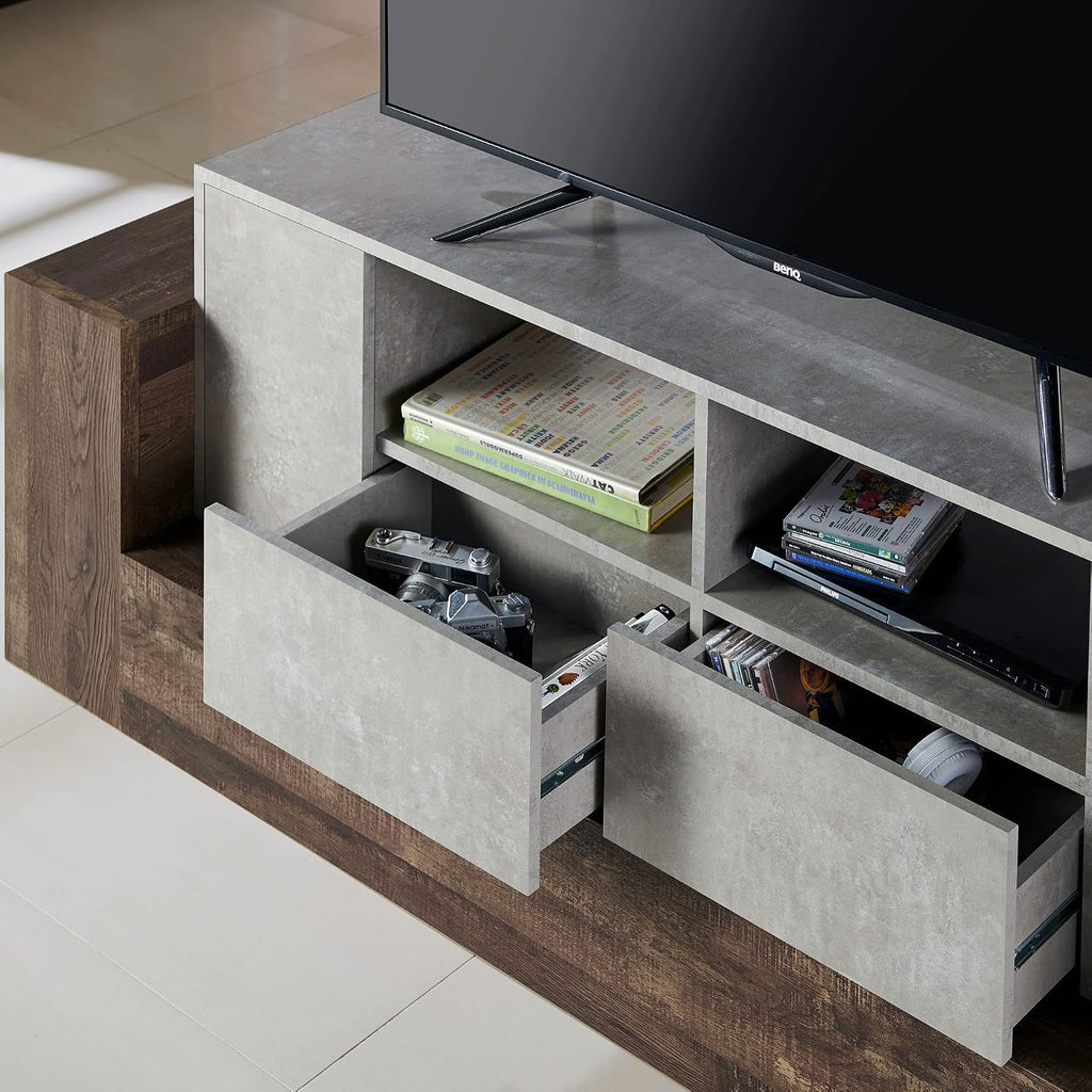 HOMES: Inside + Out Chauncy Contemporary 2 Open Shelves TV Stand with 2 Drawers On Metal Glides, Media Center, for Family Room, Entertainment Room, Entertaining, Movie Night, 71-inch, Gray Concrete
