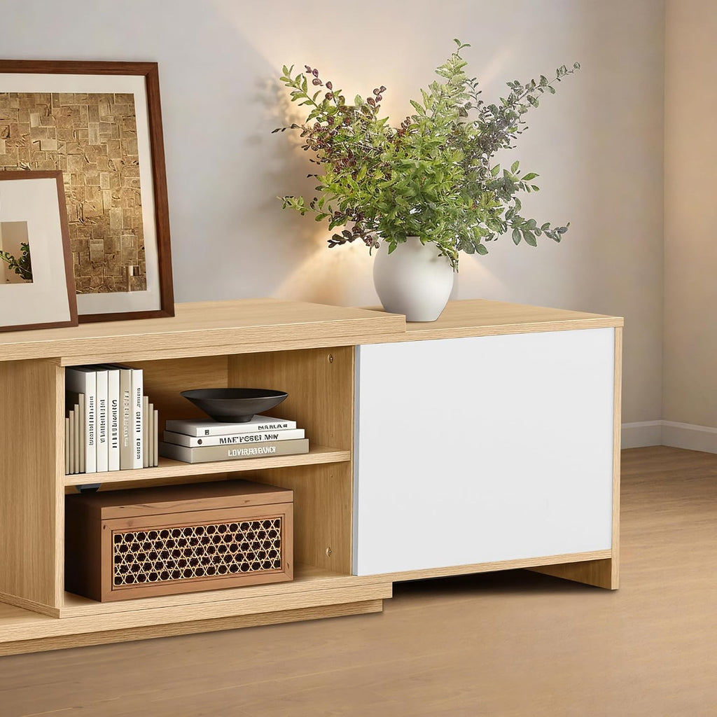 KISLOT Extendable TV Stand for TVs up to 90',Modern Entertainment Center with Adjustable Shelf,Television Stand with 2 Storage Cabinets,Wooden TV Media Console for Living Room Bedroom Natural Oak
