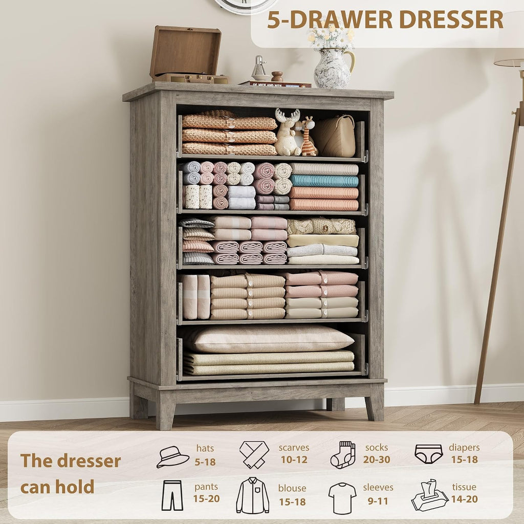 GarveeHome 5 Dresser for Bedroom, 41.3 in Tall Vertical Drawer Dresser with Large Storage, Freestanding Wooden Closet Chest for Bedroom, Living Room, Ash Grey