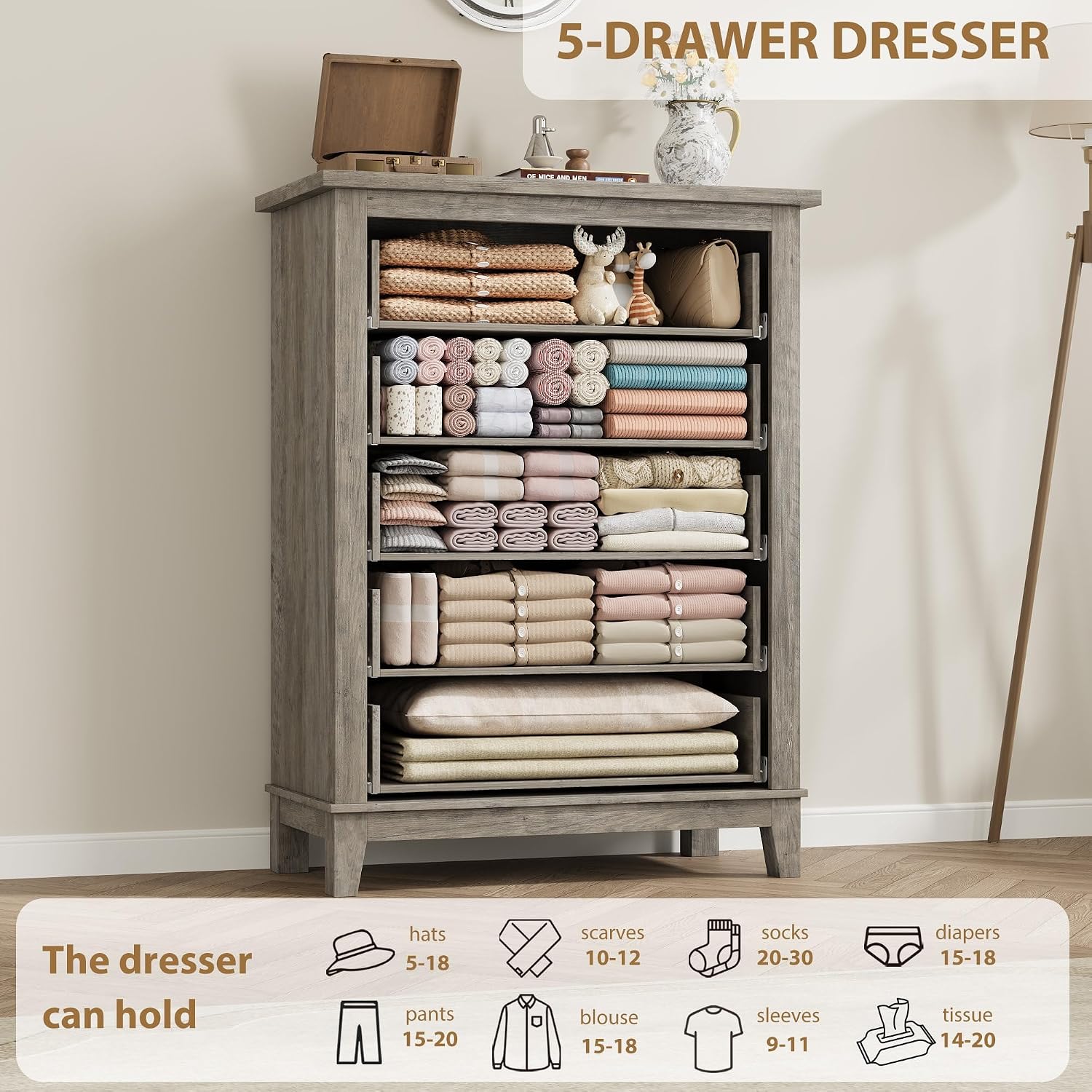 GarveeHome 5 Dresser for Bedroom, 41.3 in Tall Vertical Drawer Dresser with Large Storage, Freestanding Wooden Closet Chest for Bedroom, Living Room, Ash Grey