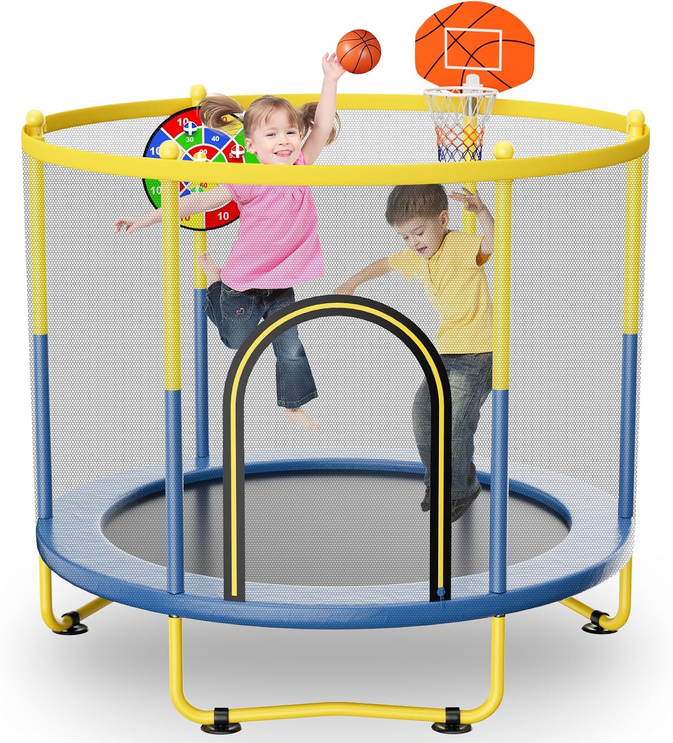 6FT Indoor Trampoline for Kids Ages 1-8, 72' Mini Toddler Indoor & Outdoor Trampoline with Safety Enclosure Net, Basketball Hoop & Dart Board, Birthday Gifts for Boys & Girls, Baby Toddler