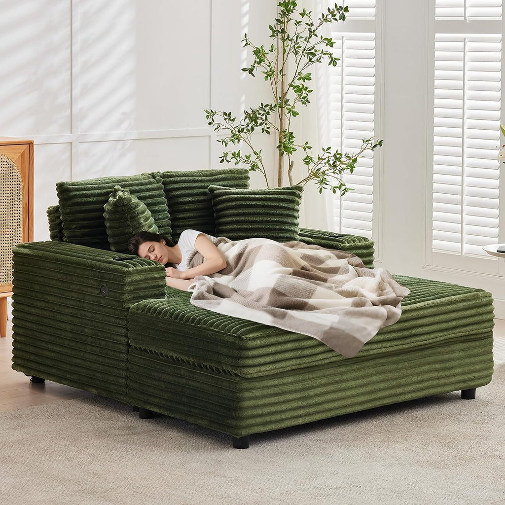 GarveeHome 60-inchOversized Chaise Lounge Chair Indoor, Comfy Corduroy Lounge Sofa with Charging Station, Cup Holders & Throw Pillows, Cozy Sleeper Couch for Living Room Apartments, Green
