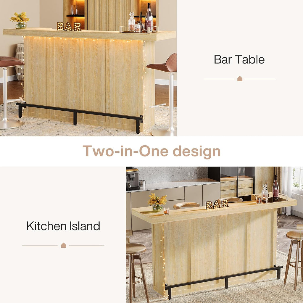 Tribesigns 4-Tier Bar Table, 70.9-Inch Large Wooden Home Bar Unit with Wine Glass Holder and Black Footrest, Pub Table with Storage Shelves for Home, Patio, Basement, Oak