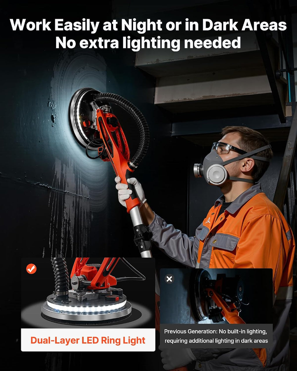 VEVOR Drywall Sander, 950W Electric Drywall Sander, Popcorn Ceiling Removal Tool with 7 Variable Speed 1000-2300 RPM, Double-Deck LED Light, Foldable & Extendable Handle, 15 Sanding Discs, Dust Hose