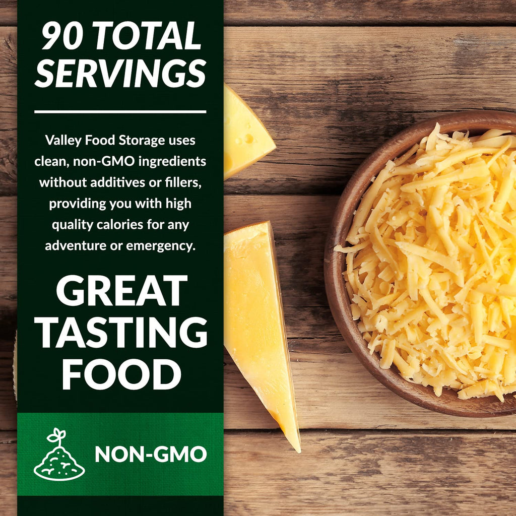 Valley Food Storage Freeze Dried Shredded Cheddar Cheese | 10-Bag Bucket, 95 oz | Premium Emergency Food Supply, 25 Year Shelf Life | Non-GMO Prepper Food for Cooking, Camping & Long-Term Storage