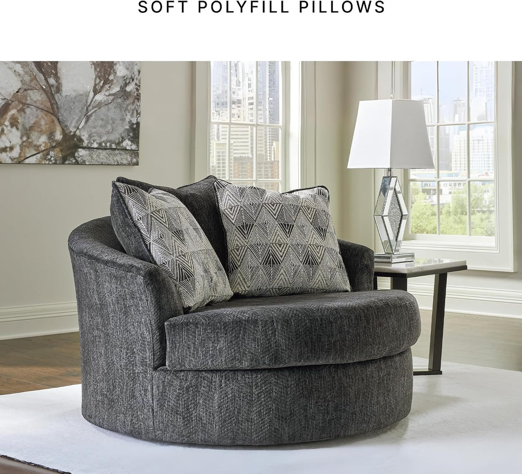 Signature Design by Ashley Biddeford Transitional Upholstered Oversized Swivel Accent Chair with 3 Accent Pillows, Black