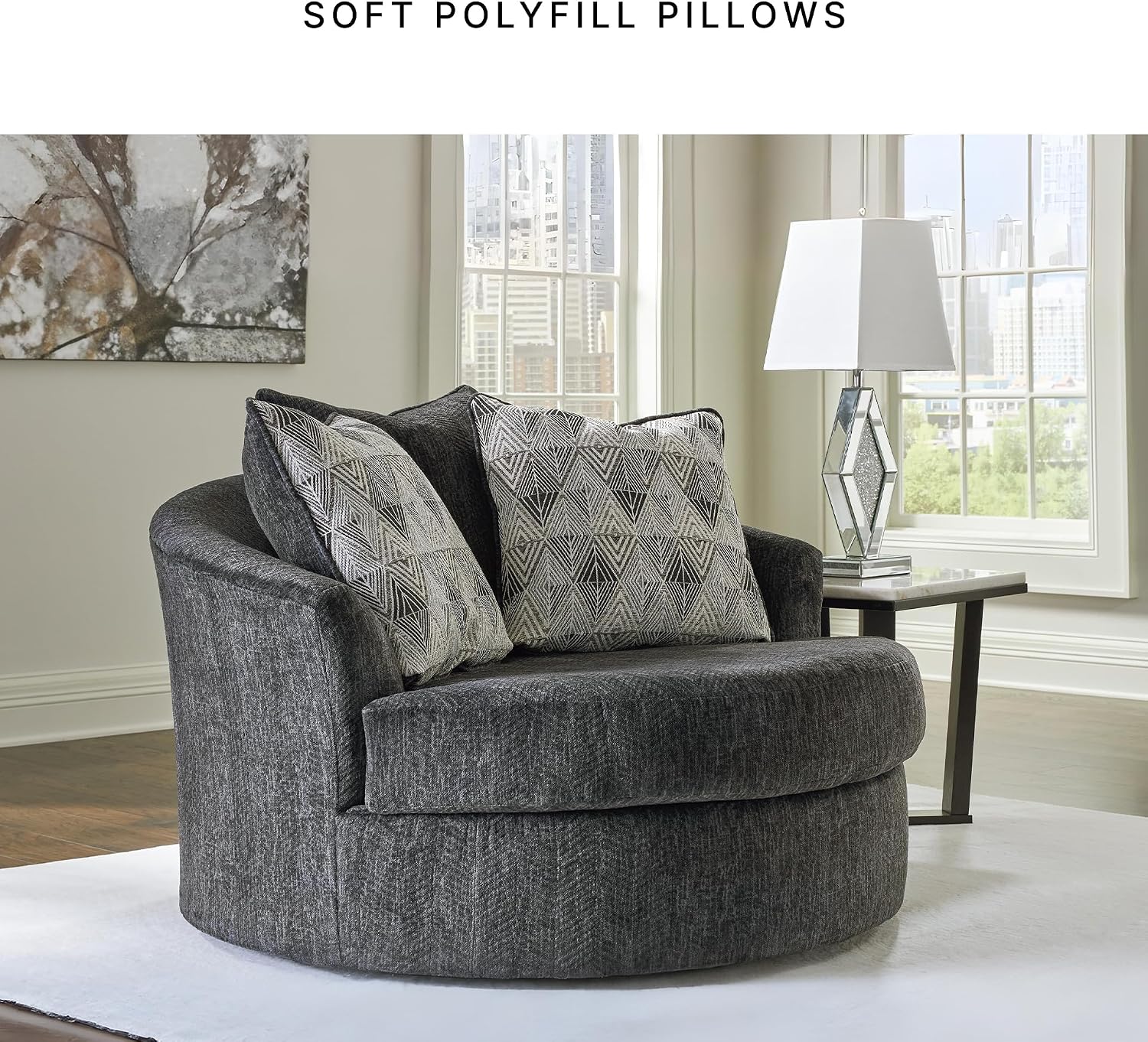 Signature Design by Ashley Biddeford Transitional Upholstered Oversized Swivel Accent Chair with 3 Accent Pillows, Black