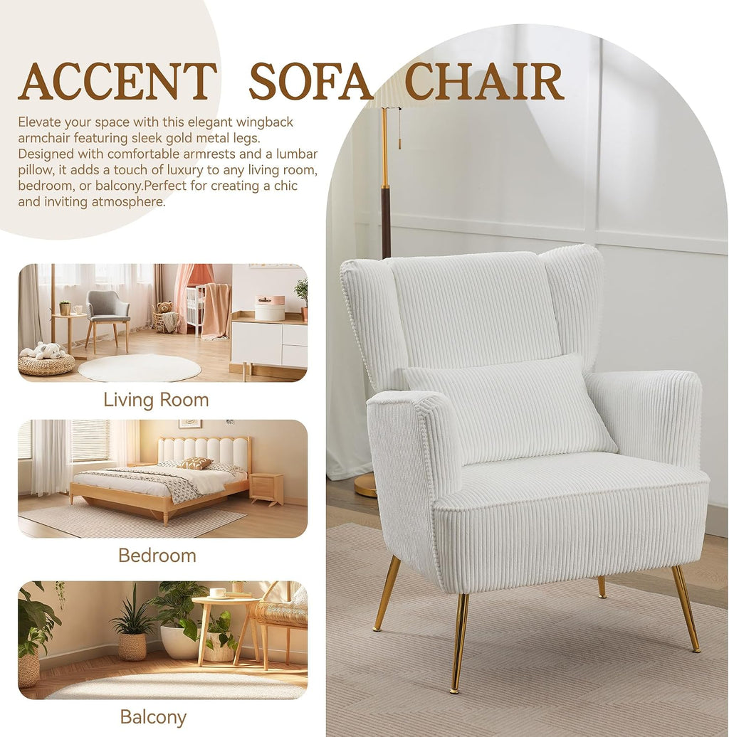 WUTUTUEE Corduroy Accent Living Room Arm Chair with Pillow & Golden Legs, 8.5' Thick Cushion, Mid Century Modern Wingback Chairs Upholstered Comfy Sofa Armchair for Reading Room/Bedroom, White