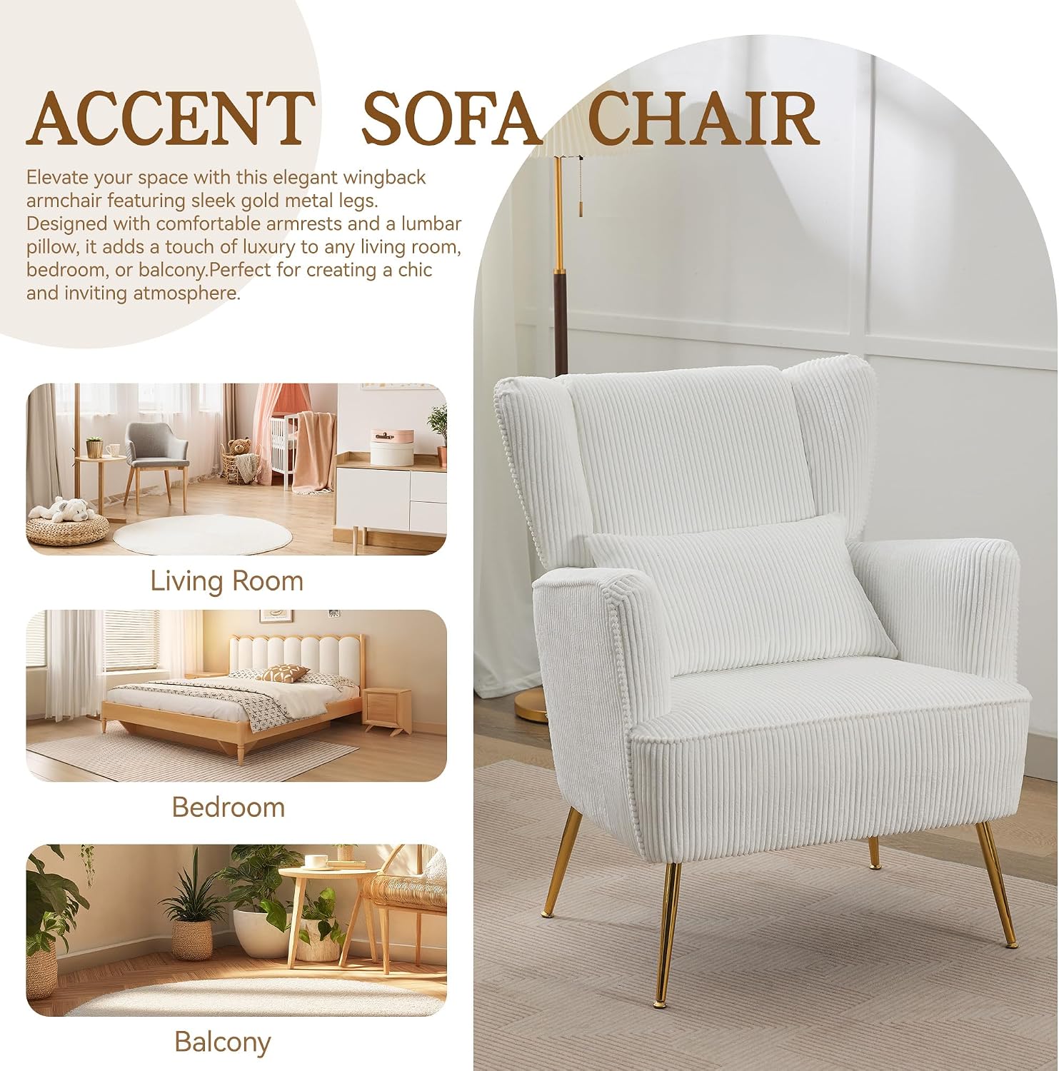 WUTUTUEE Corduroy Accent Living Room Arm Chair with Pillow & Golden Legs, 8.5' Thick Cushion, Mid Century Modern Wingback Chairs Upholstered Comfy Sofa Armchair for Reading Room/Bedroom, White