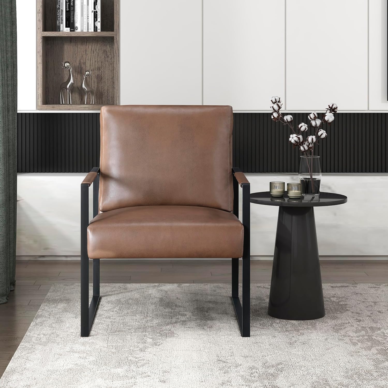 Lexicon Modern Accent Chair, Faux Leather Upholstered Living Room Chair with Wrapped Armrests, Arm Chair with Black Metal Frame, Comfy Single Chair for Living Room/Bedroom/Reading Room/Office, Brown