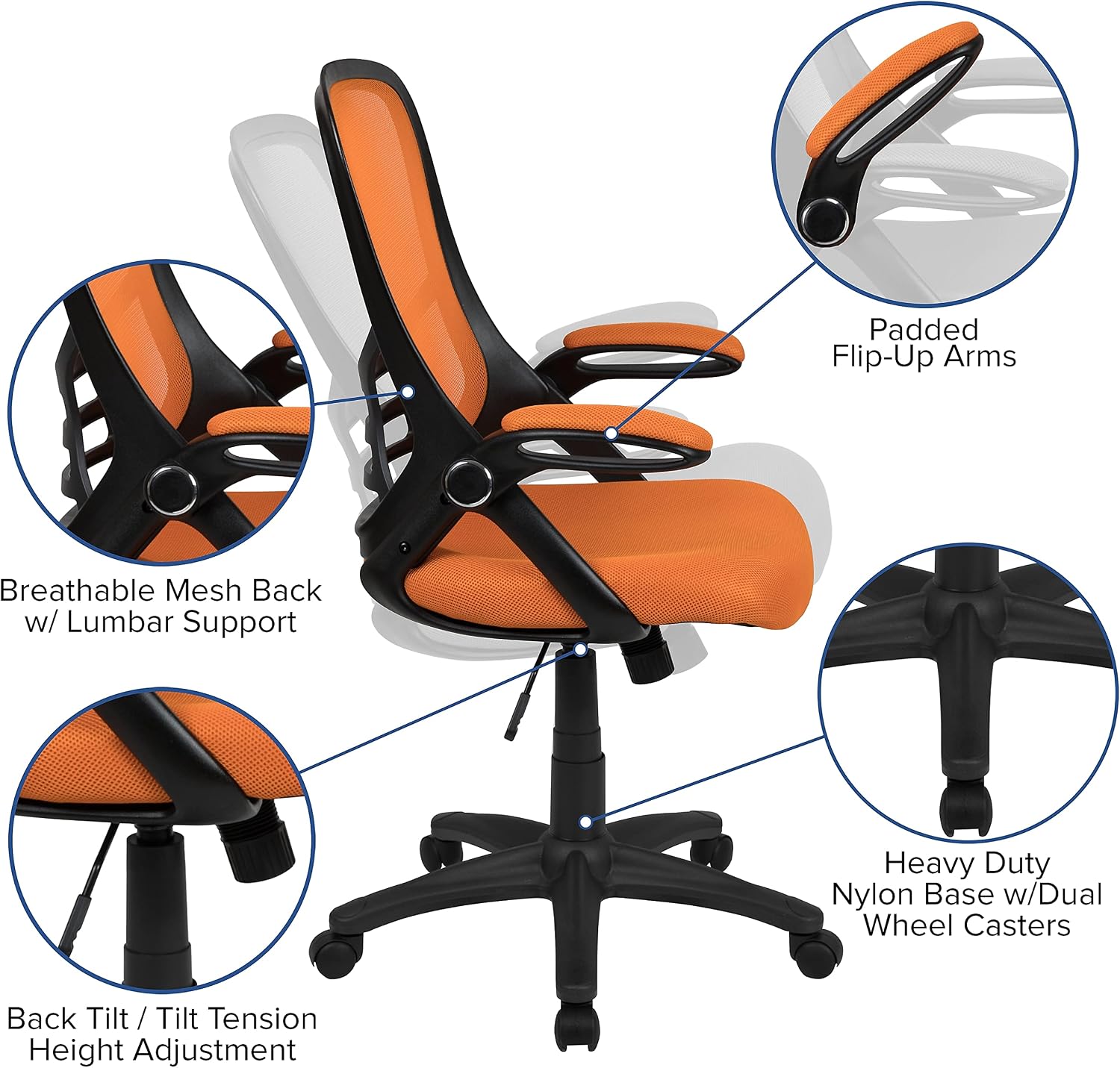 Flash Furniture Porter Mesh High Back Ergonomic Swivel Office Chair with Lumbar Support, Flip-Up Arms, Tilt Lock/Tilt Tension, Height Adjustable, Black/Black Frame