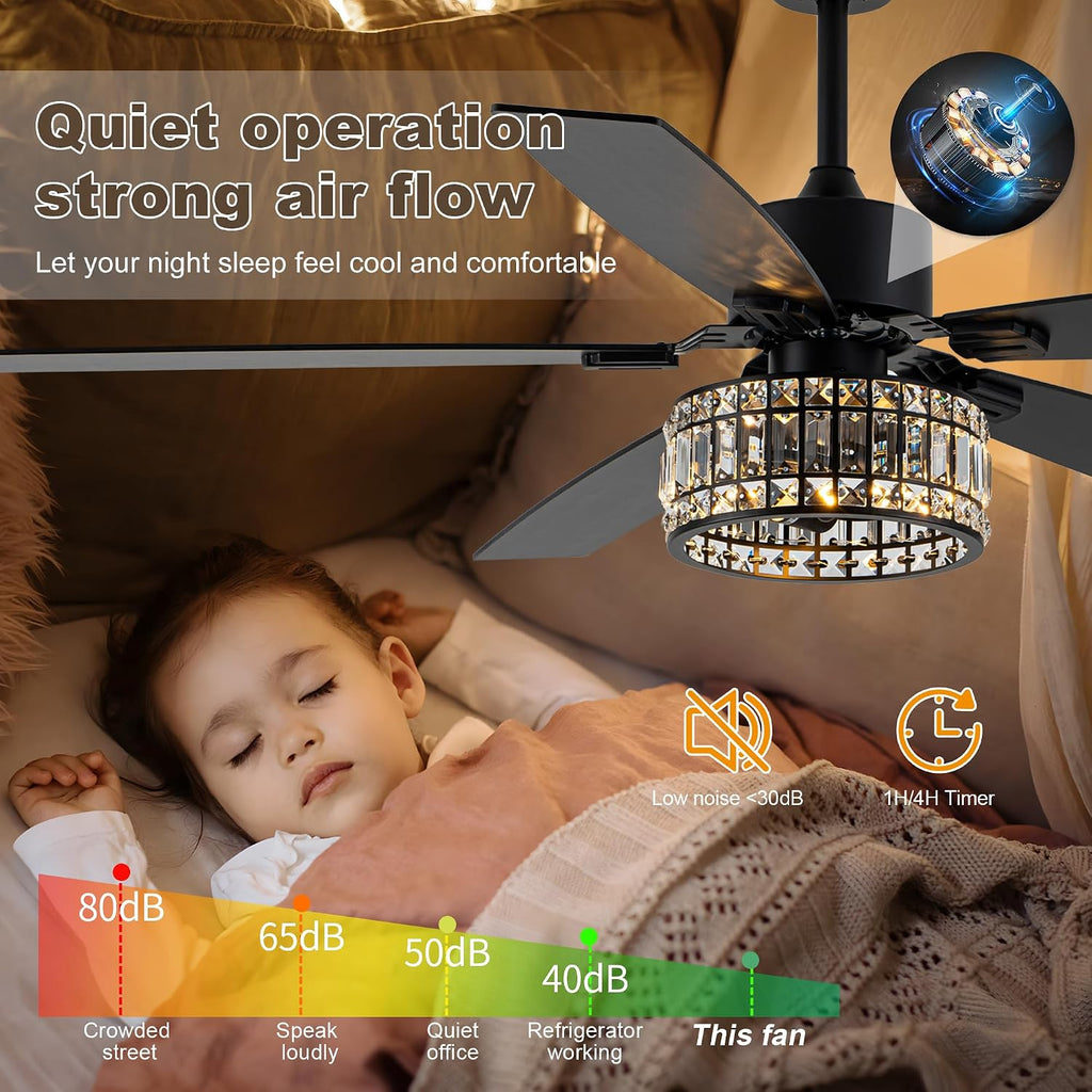 Chandelier Ceiling Fans with Lights and Remote,Caged Ceiling Fan with Light,App 5 Blades E26 Fandelier Ceiling Fans with Lights,Crystal Ceiling Fan for Bedroom,Living Room. (Black, 60 Inch)