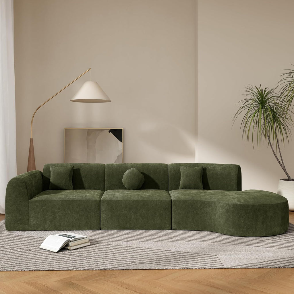 Christopher Knight Home Grelyn Modern Curved Modular Sectional Sofa, Wool Fabric Large Cloud Couch, 6-Seater L-Shaped Couch for Living Room, 3-Piece Lounge Sofa with Chaise,Fully Assembled,Olive Green