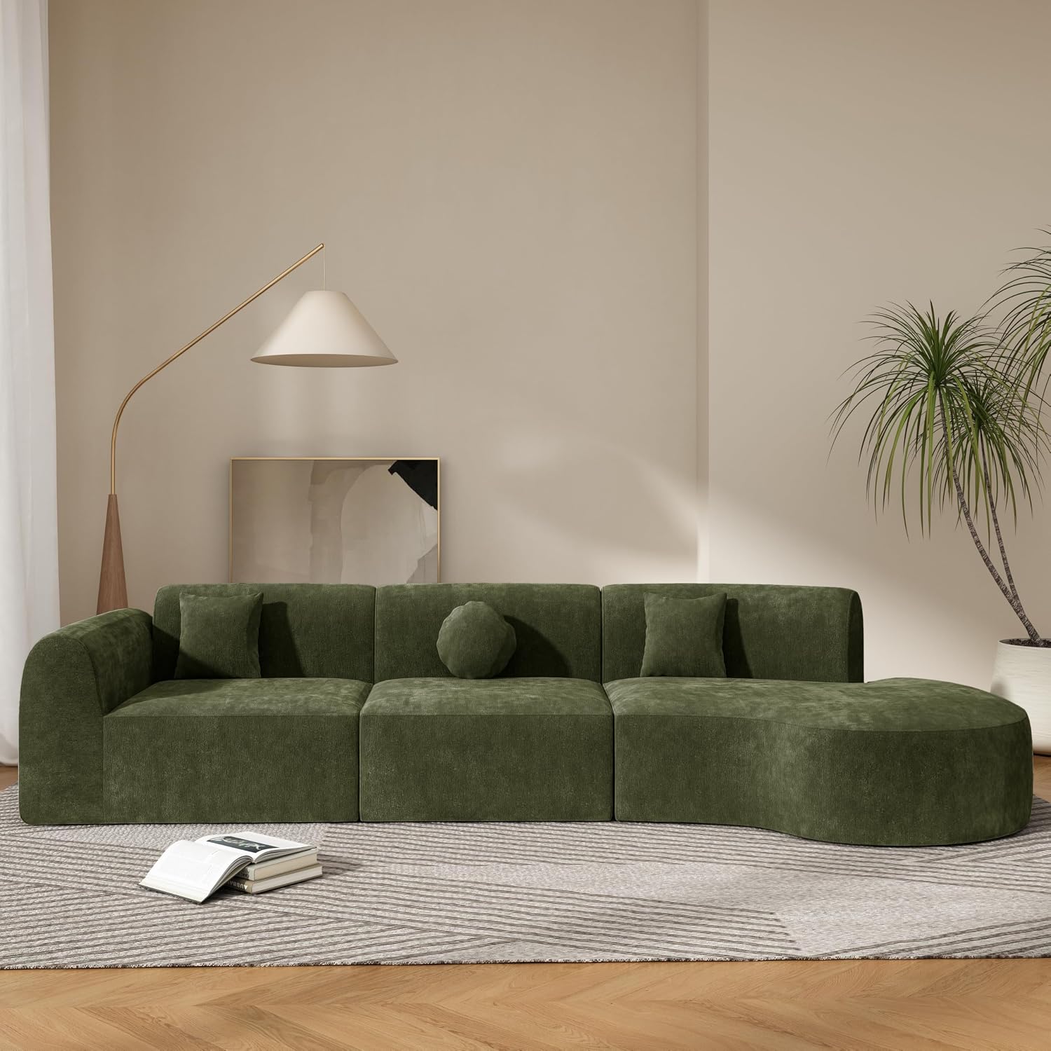 Christopher Knight Home Grelyn Modern Curved Modular Sectional Sofa, Wool Fabric Large Cloud Couch, 6-Seater L-Shaped Couch for Living Room, 3-Piece Lounge Sofa with Chaise,Fully Assembled,Olive Green
