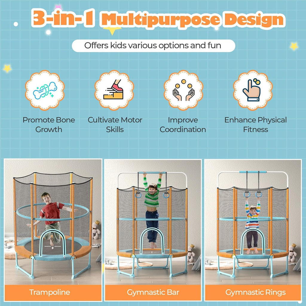 Goplus 60'' Trampoline for Kids, 3-in-1 Toddler Trampoline with Gymnastic Bar, Swinging Rings, Heightened Safety Enclosure Net, 5 FT Indoor Outdoor Recreational Rebounder for Boys Girls