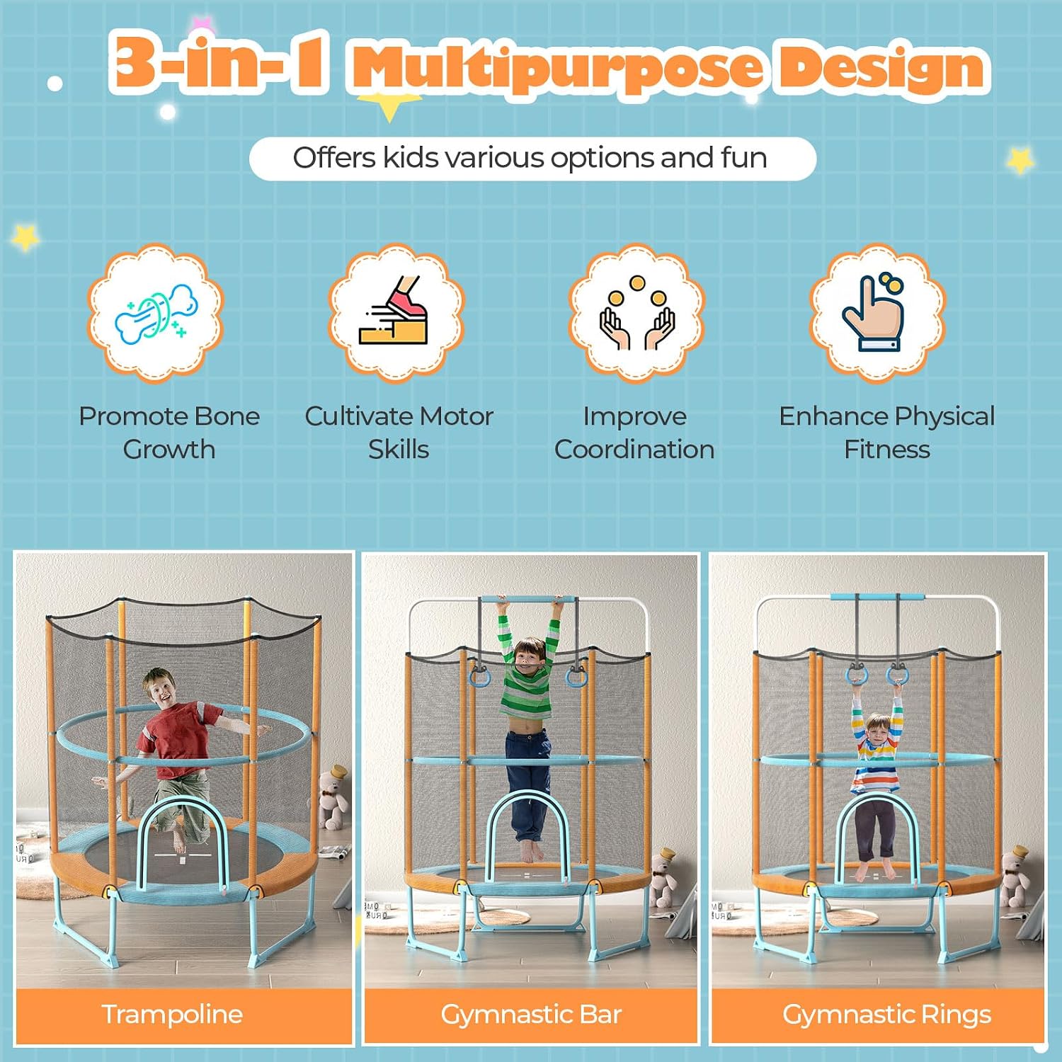 Goplus 60'' Trampoline for Kids, 3-in-1 Toddler Trampoline with Gymnastic Bar, Swinging Rings, Heightened Safety Enclosure Net, 5 FT Indoor Outdoor Recreational Rebounder for Boys Girls