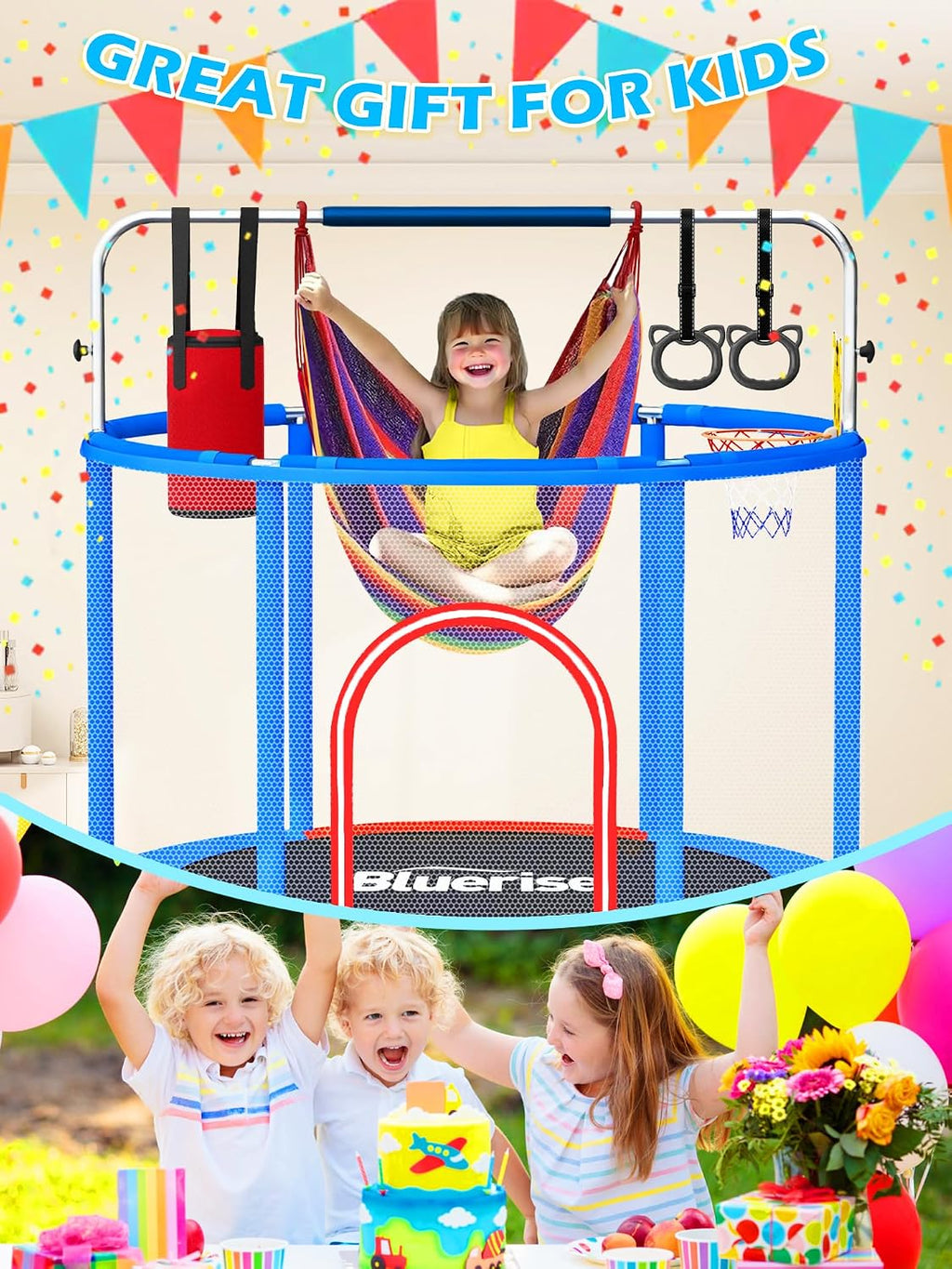BLUERISE 60' Trampoline for Kids 5FT Toddler Trampolines Indoor/Outdoor with Adjustable Gymnastics Bar & Safety Net, No-Gap Design, Anti-Rollover Bottom, Basketball Hoop, Gifts for Boys & Girls
