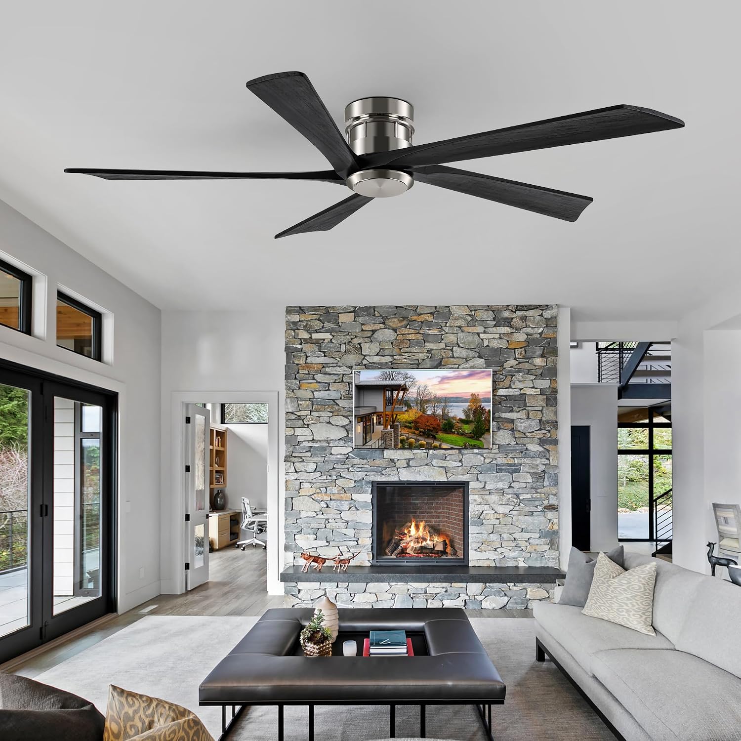EKIZNSN 72 Inch Brushed Nickel Flush Mount Ceiling Fans without Light for Patios, 110V Noiseless Reversible DC Motor, 6-Gear Speed (Nickel Finish with Black Blades)