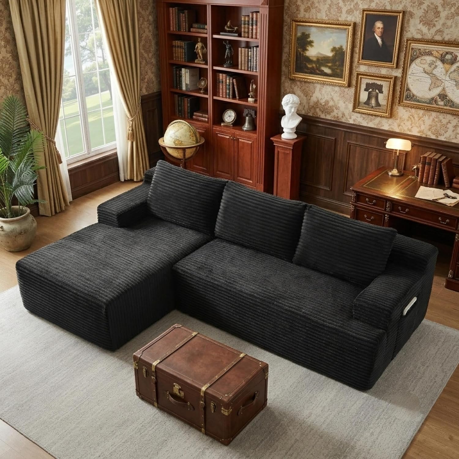 96' Corduroy Sectional Sofa Boneless Couches for Living Room - L Shaped Compressed Cloud Couch with Left Facing Chaise Lounge and Side Pockets