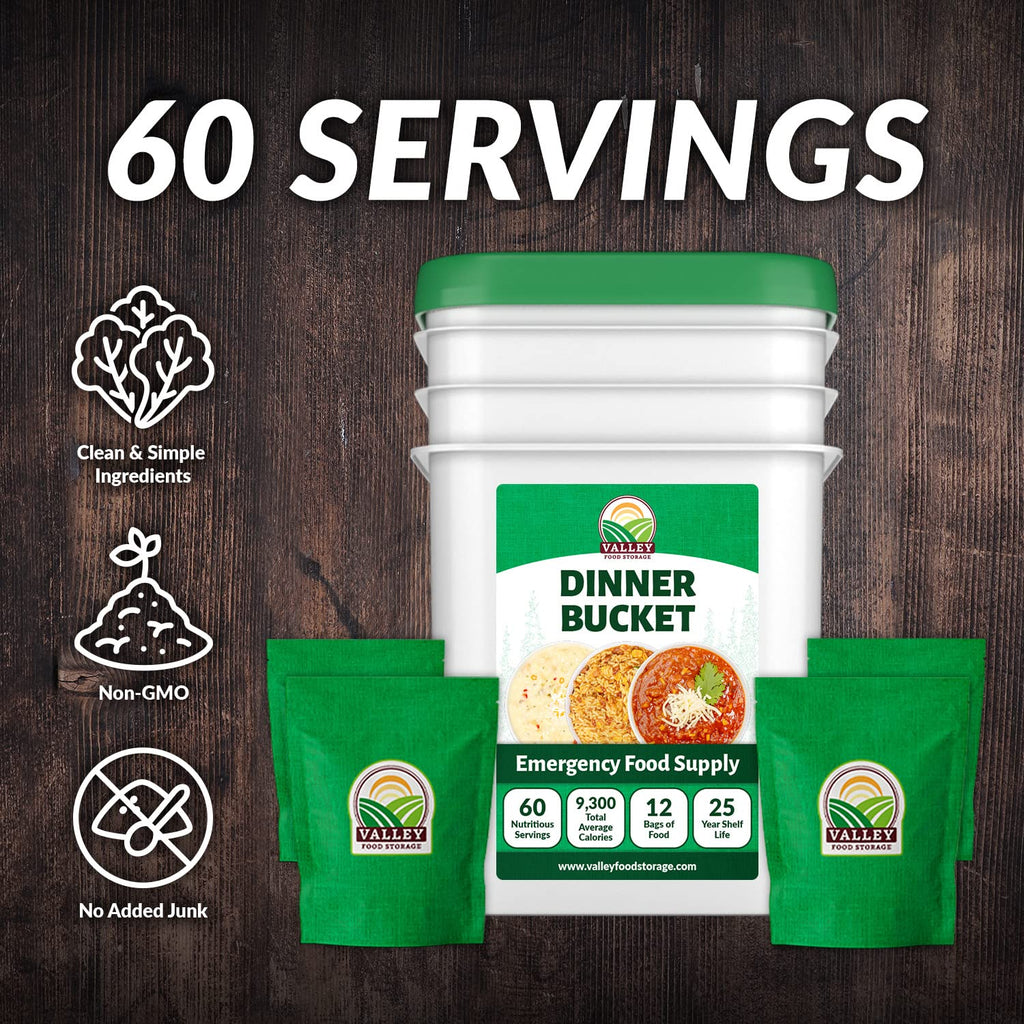Valley Food Storage 60 Serving Dinner Bucket | Premium Emergency Food Supply with 25 Year Shelf Life | Non-GMO Survival Food, Prepper Meals, Camping & Off-Grid Living Supplies | Packaged in USA