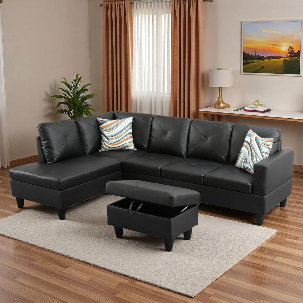 L-Shaped Sectional Sofa with Movable Chaise & Storage Ottoman, Leather 3-Piece Modular Convertible Couches for Living Room, Apartment & Office, Dark Black
